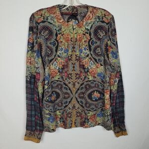 VTG Jerri Sherman 100% Silk Blouse Floral Plaid Maximalist Boho Top Womens 12